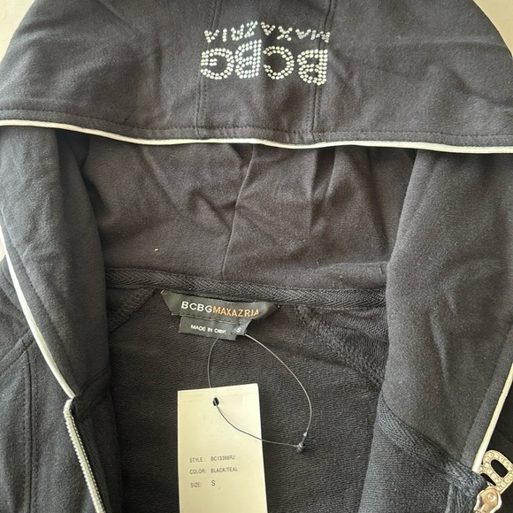 BCBG Max Azria Black track suit jacket and pants with floral Rhinestone Logo - Picture 14 of 16